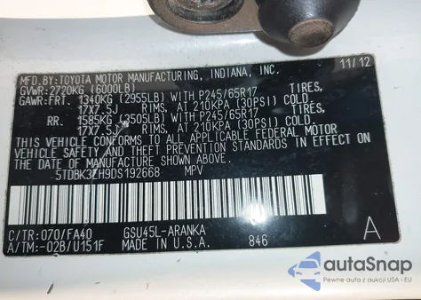 2013 Toyota Highlander Base Plus V6 из США, поврежденный, VIN 5TDBK3EH9DS192668